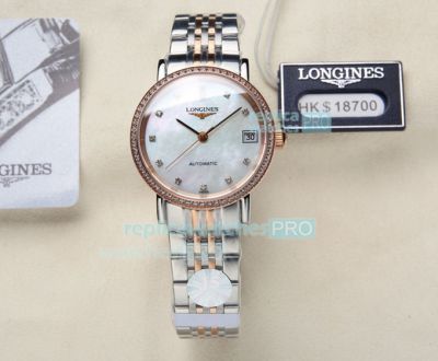 Hot Sale Replica Longines Lovers Watch White MOP Dial Diamonds Bezel 2-Tone Yellow Gold Strap Watch